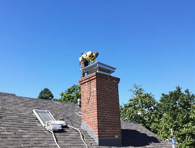 Willimantic Chimney Sweep technician measuring a chimney cap in Willimantic, CT
